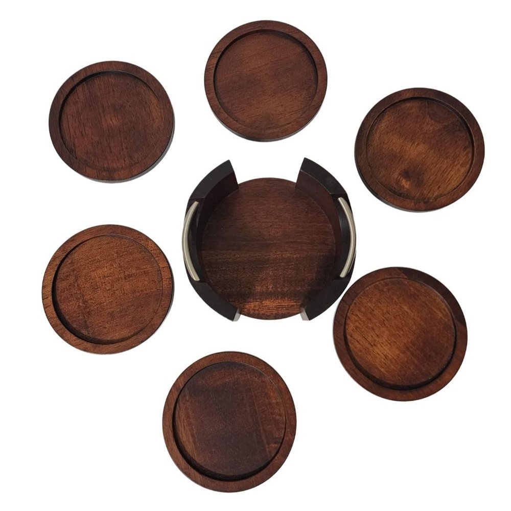 20th Century Modern Dark Wood Coasters in Caddy - 7 Pieces Vintage - Picture 3 of 7